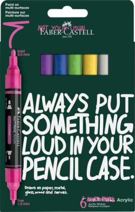 Set di 6 pennarelli acrilici Faber-Castell Multimark a doppia punta - punte rotonde da 1 mm e 3 mm - inchiostro acrilico a base d'acqua - colori vivaci assortiti.