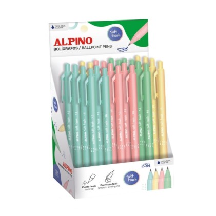 Espositore per matite colorate Alpino Soft Touch con 24 penne retrattili - Punta da 1 mm - Soft Touch - Inchiostro blu - Colori pastello assortiti
