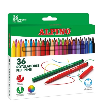 Confezione Alpino con 36 pennarelli colorati - Punta da 3 mm - Super lavabili e brillanti - Per uso scolastico - Sviluppa la creativit&agrave; - Colori assortiti