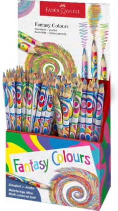 Espositore Faber-Castell Fantasia con 84 matite colorate - Modelli standard e jumbo - Corpo triangolare decorato - Legno proveniente da foreste gestite in modo sostenibile