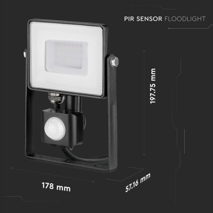 V-TAC PRO Faro LED Chip Samsung 30W con Sensore di Movimento e Crepuscolare e Interruttore Manuale di Bloccaggio Colore Nero 3000K IP65