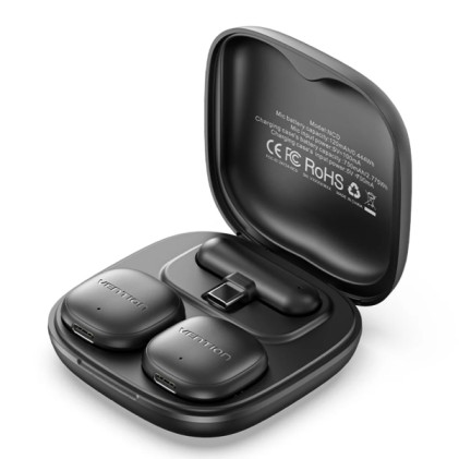 Microfono lavalier wireless Vention - Supporto magnetico o a clip - 2 trasmettitori - 1 ricevitore - Cancellazione del rumore tramite IA - Portata fino a 50 m - USB-C con adattatore Lightning - Nero