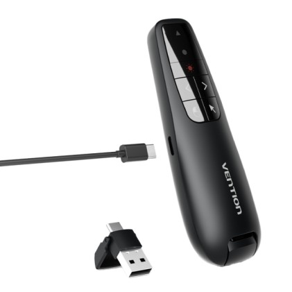 Presentatore wireless Vention - Puntatore laser rosso - Batteria da 200 mAh - Cavo USB-C incluso - Portata fino a 50 m - Controllo cursore - Nero