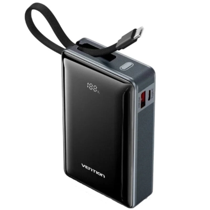 Power bank Vention da 20000 mAh - Potenza di uscita fino a 65 W - Power Delivery - USB-A - USB-C - Display a LED - Tecnologia PPS - Grigio