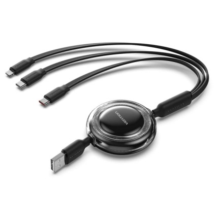 Cavo multi-USB Vention - Lunghezza regolabile fino a 1,1 m - Retrattile - USB-A - 2xUSB-C - Lightning - Velocit&agrave; fino a 480 Mbps - Nero