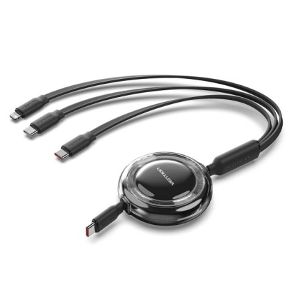 Cavo multi-USB Vention - Potenza massima 100W - Retrattile - Lunghezza regolabile fino a 1,1 m - USB-A - 2xUSB-C - Lightning - Velocit&agrave; fino a 480Mbps - Nero