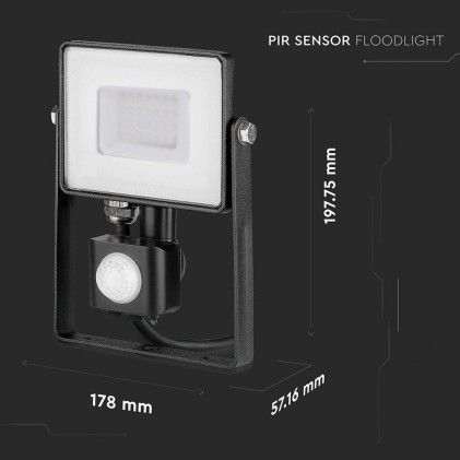 V-TAC PRO Faro LED Chip Samsung 30W con Sensore di Movimento e Crepuscolare e Interruttore Manuale di Bloccaggio Colore Nero 4000K IP65