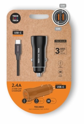 Caricabatterie da auto doppio TechOneTech + cavo da USB-A a USB-C - Alte prestazioni - Nero