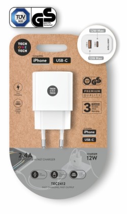 Caricabatterie da parete doppio TechOneTech da 12 W USB-A a USB-C, bianco