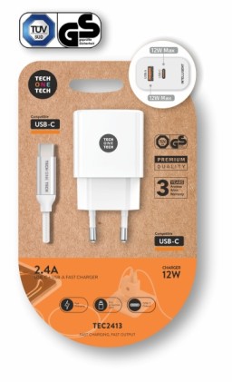 Caricabatterie da parete doppio TechOneTech + cavo da USB-A a USB-C da 1 m - Rivestimento in nylon intrecciato bianco