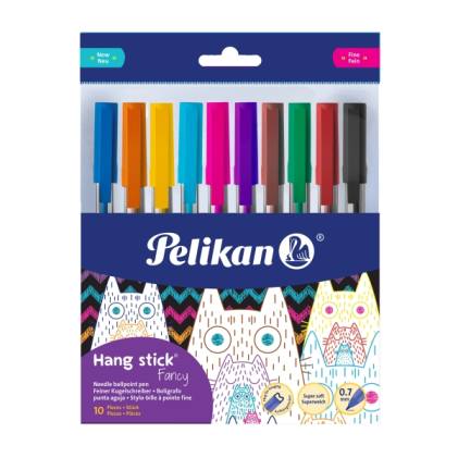 Confezione da 10 penne a sfera Pelikan Hang Stick - Tratto da 0,7 mm - Cappuccio anti-soffocamento - Corpo triangolare ergonomico - Gancio - Inchiostro a base d'olio - Colori assortiti