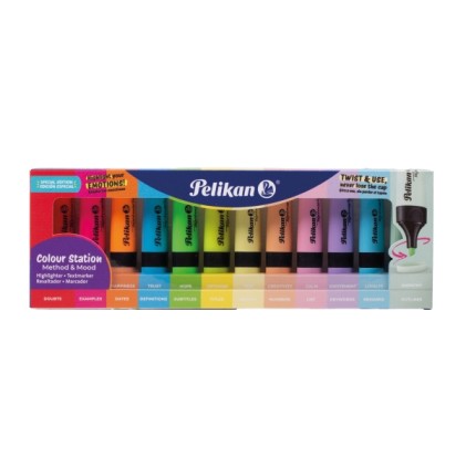 Pelikan Textmarker 490 Confezione da 12 pennarelli fluorescenti pastello e neon - A base d'acqua - Base organizer da scrivania - Punta a scalpello con 3 larghezze di tratto - Colori assortiti