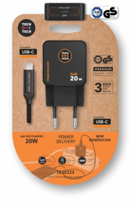 Caricabatterie da parete ultraveloce TechOneTech GaN da 20 W, nero + cavo USB-C