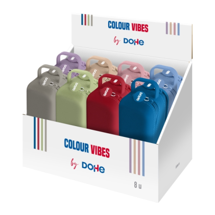 Espositore Dohe Colour Vibes con 8 tasche, 2 cerniere, tiretto in gomma, silicone morbido al tatto, maniglia laterale, colori assortiti.
