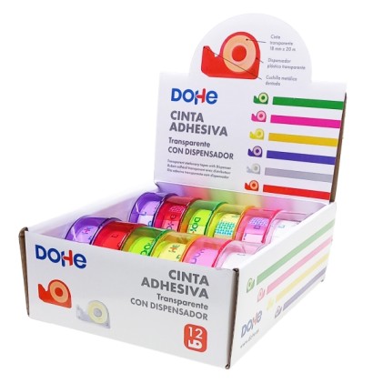 Espositore Dohe con 12 mini porta rotoli - Nastro adesivo 18 mm x 20 m - Colori assortiti