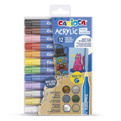 Pennarelli acrilici Carioca, confezione da 12 - Punta maxi - Inchiostro a base d'acqua - Alta copertura - Colori assortiti
