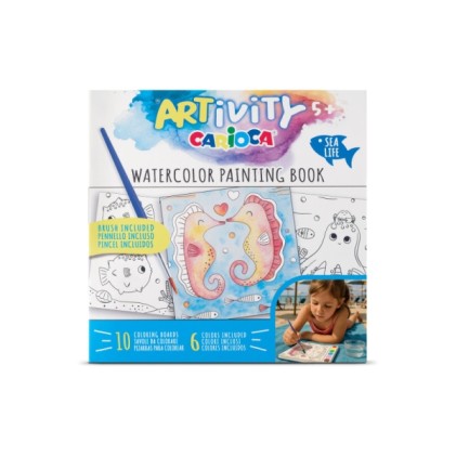 Libro da colorare Carioca Artivity Sea Life con acquerelli - Ogni pagina contiene una tavolozza con 6 colori ad acquerello - Pennello incluso