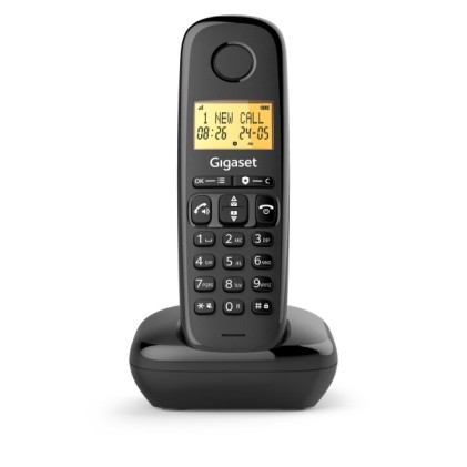 Telefono cordless Gigaset Basic 100 DECT con identificativo del chiamante, blocco chiamate, display retroilluminato, colore nero.