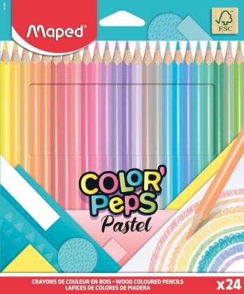 Matite colorate triangolari Maped Color'Peps Pastel, confezione da 24 pezzi - Mina morbida - Legno certificato FSC - Colori pastello assortiti