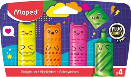 Set di 4 mini pennarelli fluorescenti al neon Maped Kawaii - Divertenti disegni Kawaii - Tratto da 1 a 5 mm - Ideali per sottolineare ed evidenziare - Colori assortiti