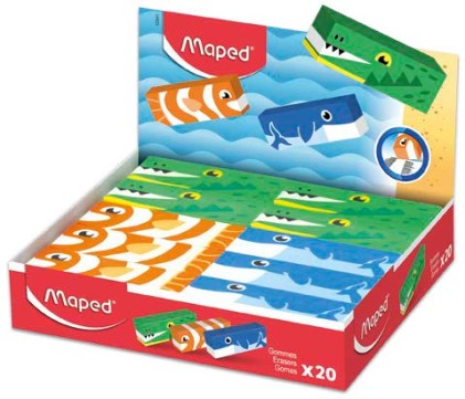 Confezione da 20 gomme da cancellare con 3 disegni di animali - Forma rettangolare - Senza ftalati - Colori assortiti