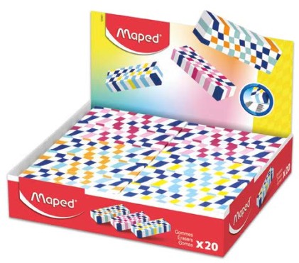 Confezione da 20 gomme da cancellare con 3 fantasie a scacchiera - Forma rettangolare - Senza ftalati - Colori assortiti