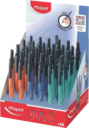 Espositore Maped Duo+Pen con 24 compassi Duo - Compasso utilizzabile anche come matita meccanica - Clip da tasca - Colori assortiti