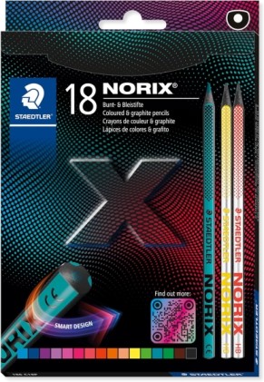 Staedtler Norix 186 Confezione da 16 matite colorate HB + 2 matite di grafite - Legno nero - Mina di grafite - Design intelligente - Per scrivere, disegnare e fare schizzi