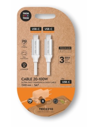 Cavo TechOneTech da USB-C maschio a USB-C maschio, 1 m - Rivestimento in nylon intrecciato bianco