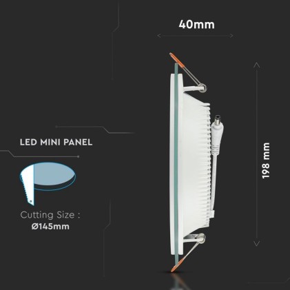 V-TAC Mini Pannello LED 18W Montaggio ad Incasso Rotondo in Vetro 3000K