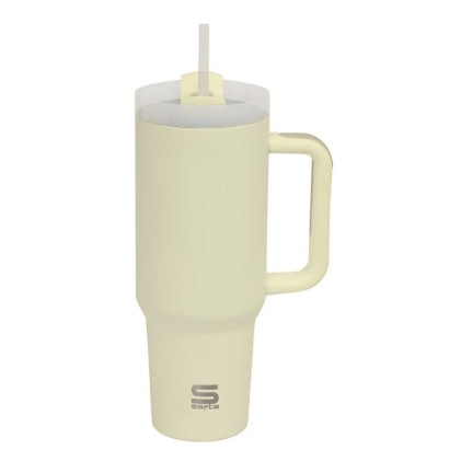 Tazza termica Safta con manico - Capacit&agrave; 1,2 l - Cannuccia - Base antiscivolo - Acciaio inossidabile - Doppia parete - Mantiene le bevande calde per 12 ore e fredde per 24 ore - 10x26,5 cm - Giallo pastello