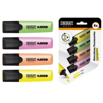 Confezione Ingraf Long-Life con 4 pennarelli fluorescenti - Punta a scalpello - Tratto da 2 a 5 mm - Inchiostro a base d'acqua - Colori assortiti