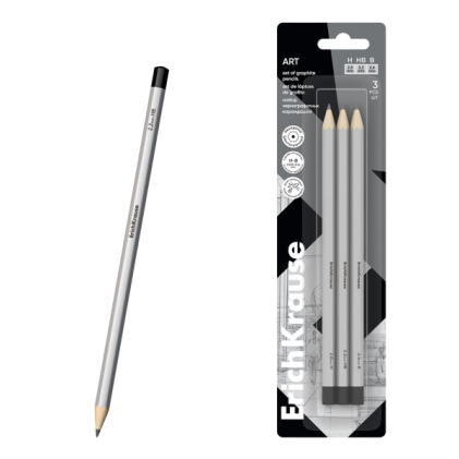Confezione da 3 matite di grafite ErichKrause Art - Durezza assortita H, HB e B - Corpo esagonale - Mina resistente - Colore argento