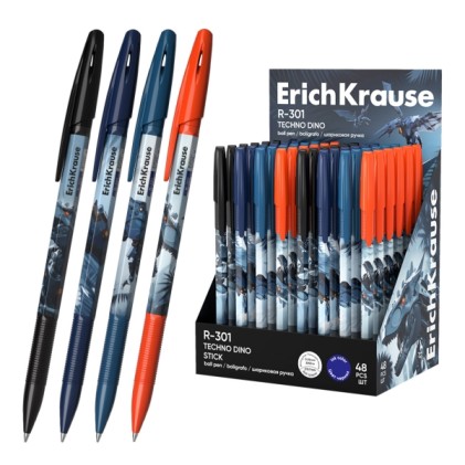 Espositore per penne ErichKrause R-301 Stick Techno Dino con 48 penne con cappuccio - Modelli assortiti - Tratto da 0,35 mm - Inchiostro ad asciugatura rapida - Cappuccio ventilato - Blu