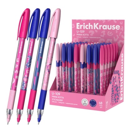 Espositore ErichKrause U-109 Stick and Grip Pinna Kotta con 48 penne a cappuccio - Modelli assortiti - Tratto da 0,3 mm - Impugnatura in gomma - Inchiostro a bassa viscosit&agrave; - Cappuccio ventilato - Blu