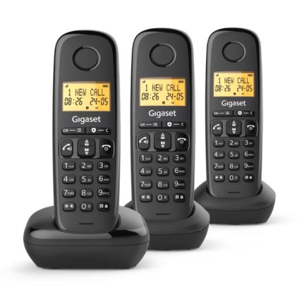 Telefono cordless Gigaset Basic 100 Trio DECT con identificativo del chiamante, blocco chiamate, display retroilluminato, colore nero.