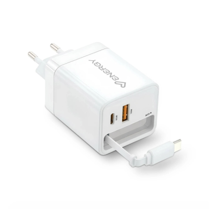 Caricabatterie retrattile Energy Systems GaN da 20 W - 1 porta USB-C PD, 1 porta USB-A + cavo USB-C retrattile da 60 cm - Ricarica intelligente e veloce - Controllo della temperatura e della sovratensione - Bianco