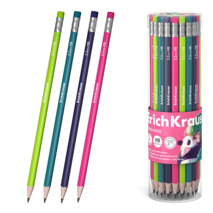 Matita in grafite ErichKrause Panda Hugs con gomma - Mina HB - Corpo rotondo - Impugnatura ergonomica - Colori assortiti