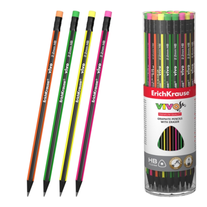 Matita di grafite ErichKrause VIVO con gomma - Mina HB - Corpo triangolare - Facile da temperare - Impugnatura ergonomica - Colori assortiti