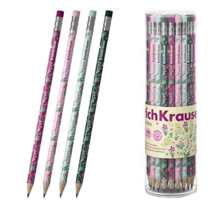 Matita in grafite ErichKrause Floral Soul con gomma - Mina HB - Corpo rotondo - Plastica - Impugnatura ergonomica - Colori assortiti