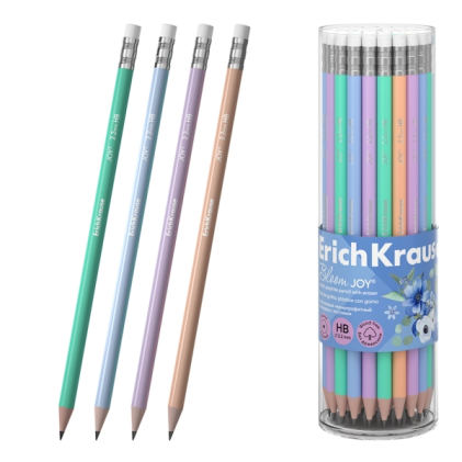 Matita in grafite ErichKrause JOY Pastel Bloom con gomma - Mina HB - Corpo rotondo - Plastica - Impugnatura ergonomica - Colori assortiti