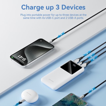 Vention FHKB0 PowerBank 10000 mAh Bianco, Display, micro usb, usb-c, usb-a, 22.5W