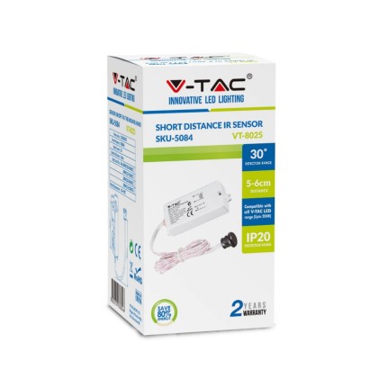 V-TAC Sensore di Movimento a Infrarossi 30° Attivazione tramite Movimento a Corto Raggio (5-6cm) Colore Bianco (Max 200W) IP20