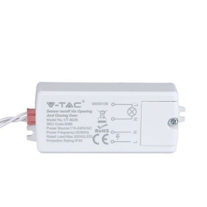 V-TAC Sensore di Movimento a Infrarossi 30° Attivazione tramite Apertura/Chiusura Porta (5-6cm) Colore Bianco (Max 200W) IP20