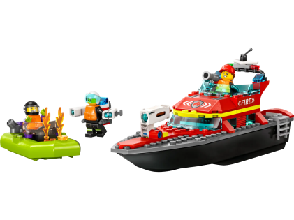 LEGO 60373 Barca di soccorso antincendio, 144 pezzi, Vigili del Fuoco, Nave Giocattolo Galleggiante con Gommone di Salvataggio e Minifigure