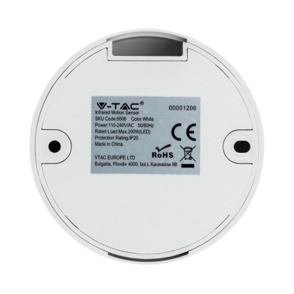 V-TAC Sensore di Movimento a Infrarossi 360° Montaggio a Plafone Colore Bianco