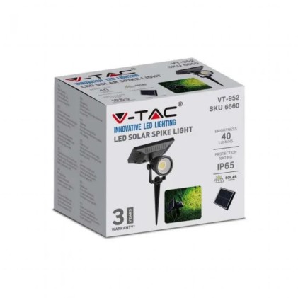 V-TAC Faretto LED da Giardino con Picchetto Colore Nero Con Pannello Solare 2W 3000K IP65
