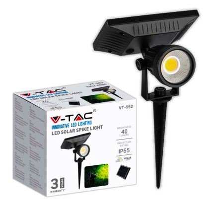 V-TAC Faretto LED da Giardino con Picchetto Colore Nero Con Pannello Solare 2W 3000K IP65