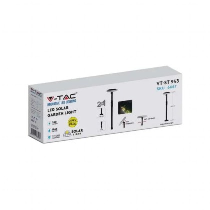 V-TAC Piantana Solare LED da Giardino 3W con Picchetto Doppio montaggio Colore Bianco e Nero 4000K IP65 (2 Lampade)
