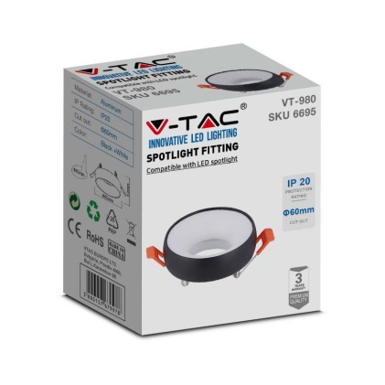 V-TAC Portafaretto LED da Incasso GU10 Rotondo Colore Nero Riflettore Bianco con Supporto Inclinato